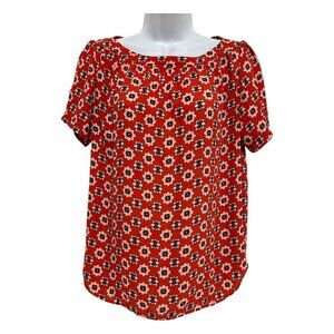 Loft Outlet Womens Small Petite Blouse Red Floral SP Short Sleeve Lightweight